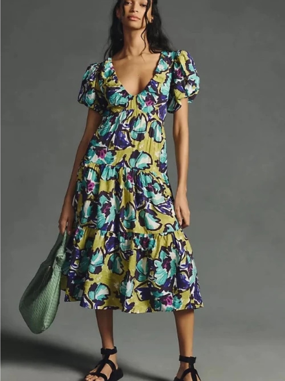 Anthropologie Puff Sleeve Floral Midi Dress Size Medium